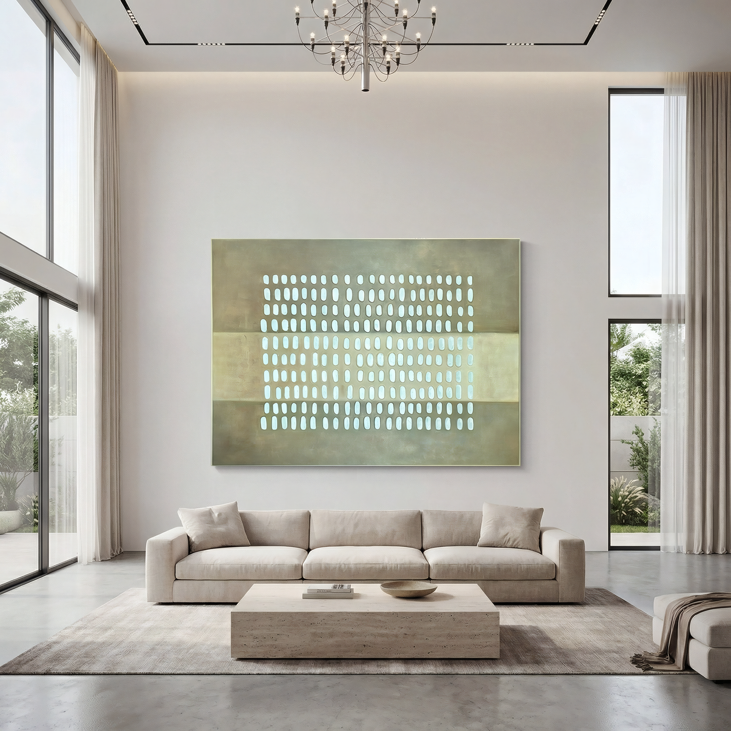 A modern living room featuring Landmark Decor's Pulse Wall Art, a beige sofa, light wood coffee table, floor-to-ceiling windows, neutral décor, stylish accents, and a chandelier.