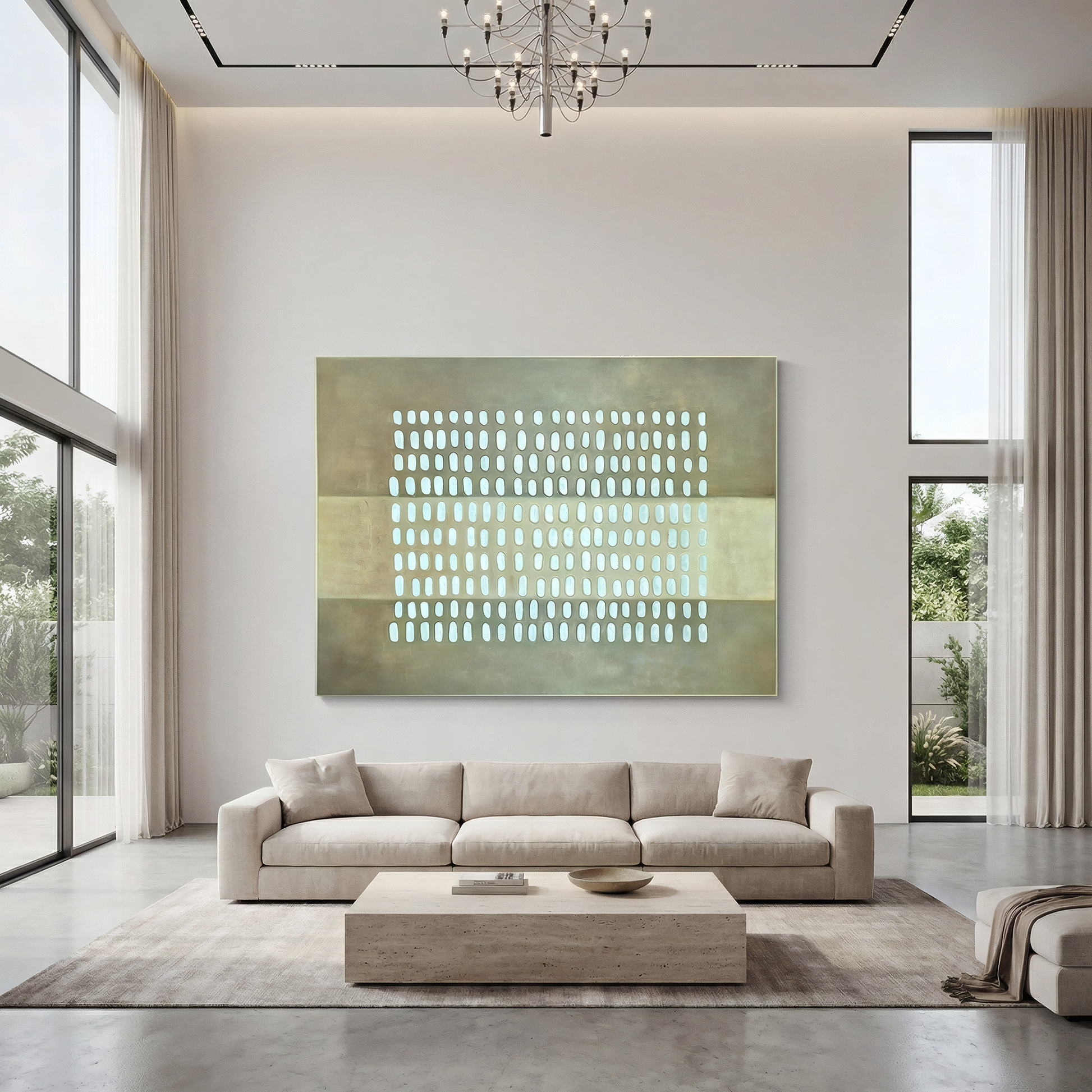 A modern living room featuring Landmark Decor's Pulse Wall Art, a beige sofa, light wood coffee table, floor-to-ceiling windows, neutral décor, stylish accents, and a chandelier.