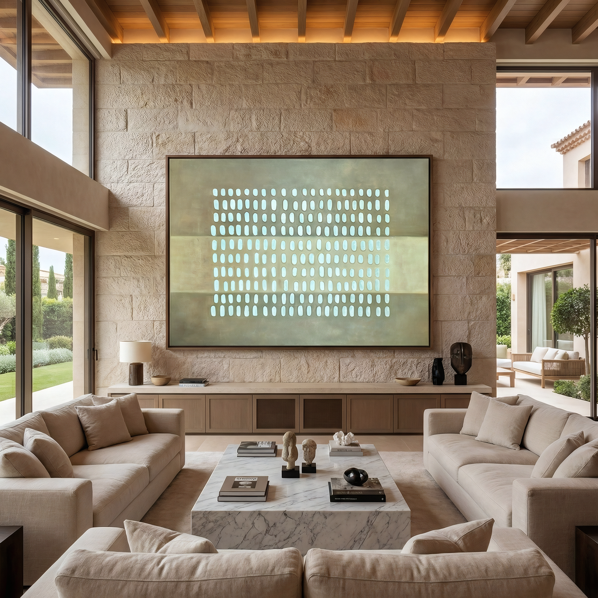 Spacious living room with beige sofas, marble coffee tables, and the Pulse Wall Art by Landmark Decor on a stone wall, featuring modern decor and floor-to-ceiling windows overlooking a landscaped garden.