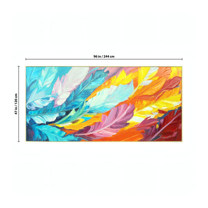 The Orbit Wall Art by Landmark Decor is a rectangular abstract painting of colorful feathers in blue, purple, yellow, orange, and red (96 in x 47 in)—perfect as a decorative panel for modern or vibrant interiors.