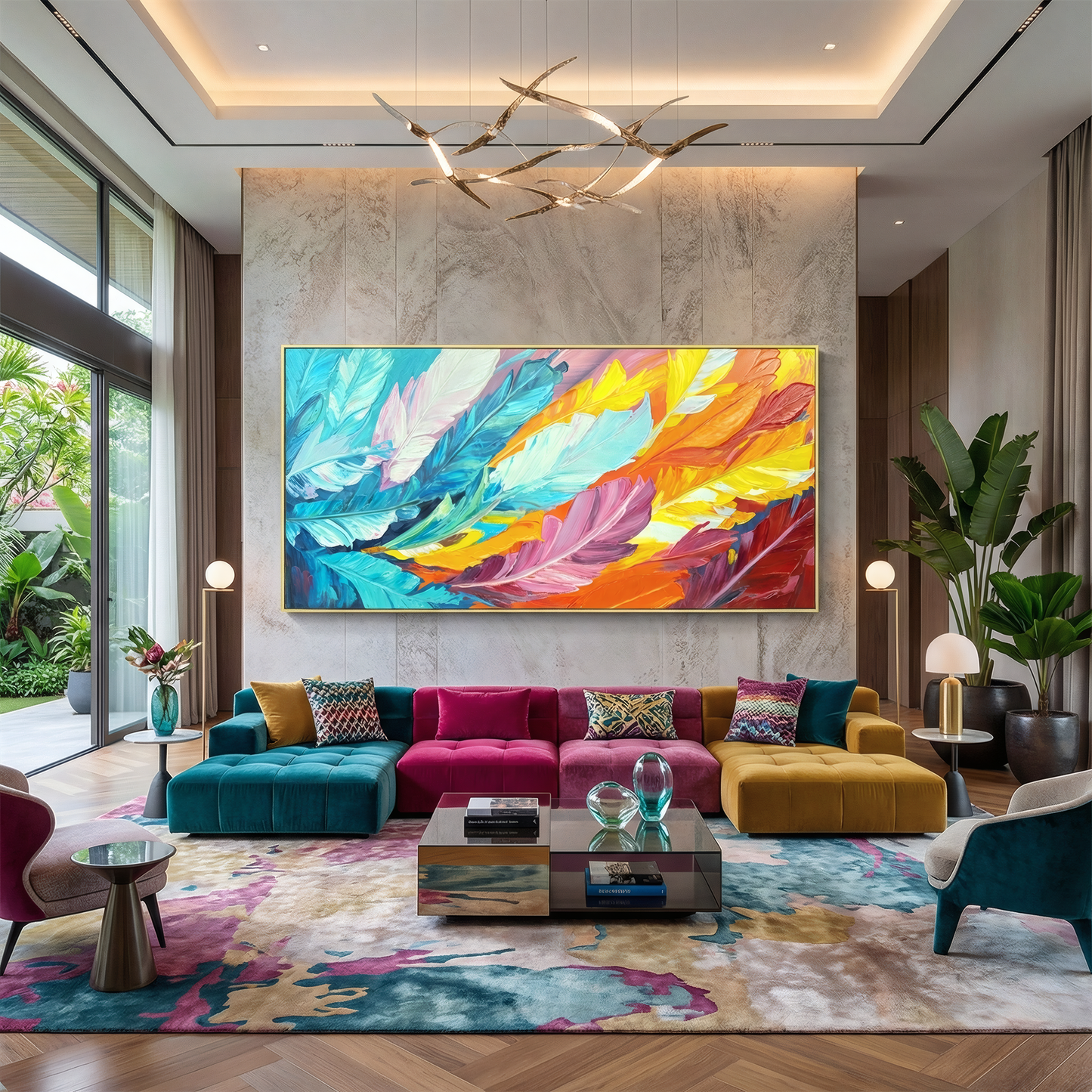 A modern living room features colorful furniture, glass coffee tables, lush plants, tall windows with natural light, and Landmark Decor’s Orbit Wall Art as a bold abstract centerpiece.