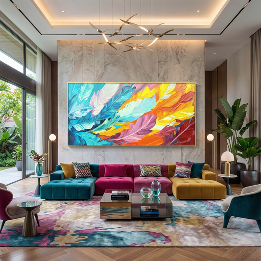 A modern living room features colorful furniture, glass coffee tables, lush plants, tall windows with natural light, and Landmark Decor’s Orbit Wall Art as a bold abstract centerpiece.