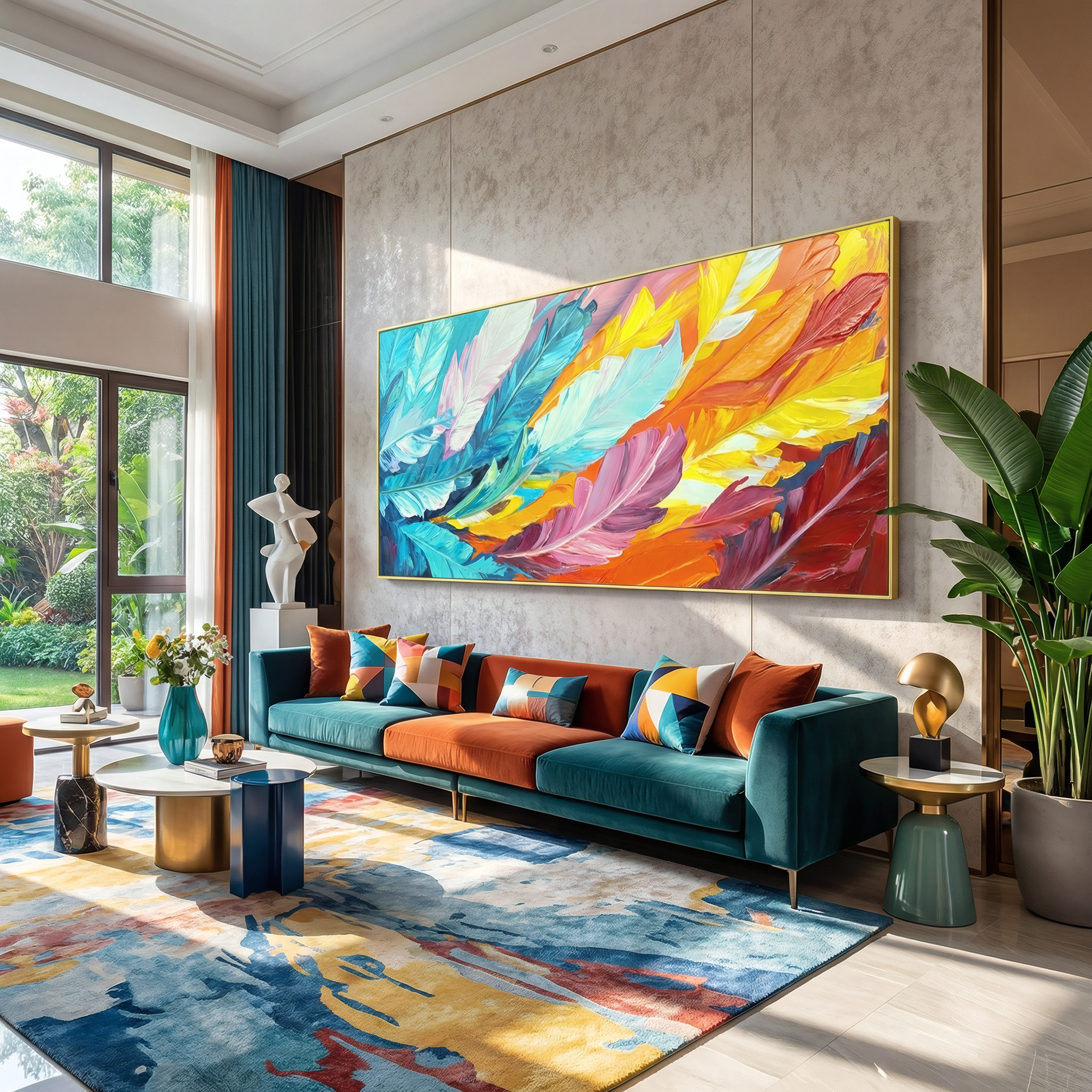 A modern living room features a teal sofa, colorful pillows, decor accents, large windows, indoor plants, a multicolored rug, and the Orbit Wall Art by Landmark Decor as a vibrant focal point.
