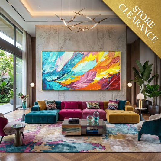 Modern living room with colorful furniture, Landmark Decor's Orbit Wall Art as a decorative panel, glass coffee tables, and a Store Clearance banner—ideal inspiration for stylish modern interior decor.