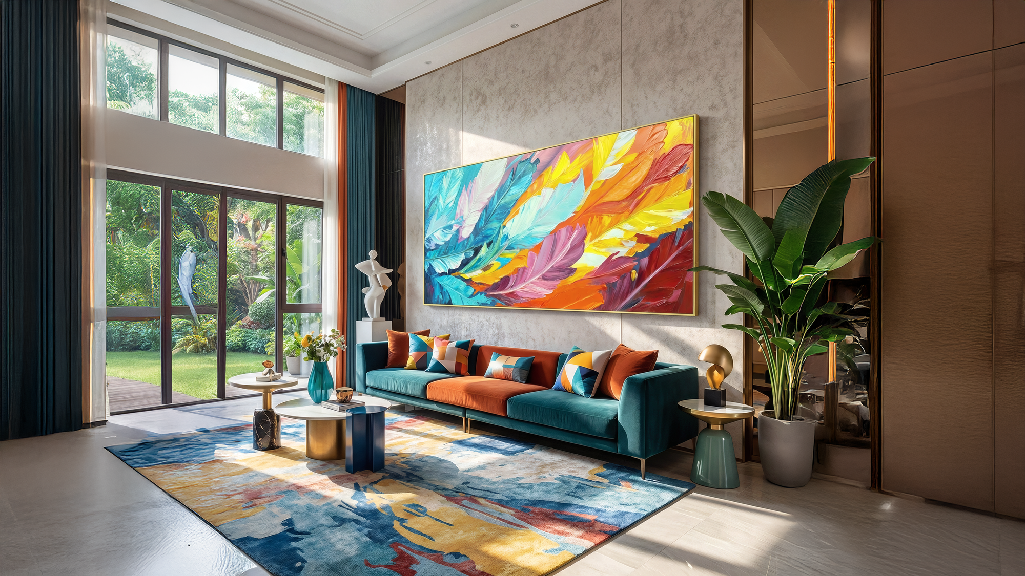 Sculptural wall panels in a luxury living room.