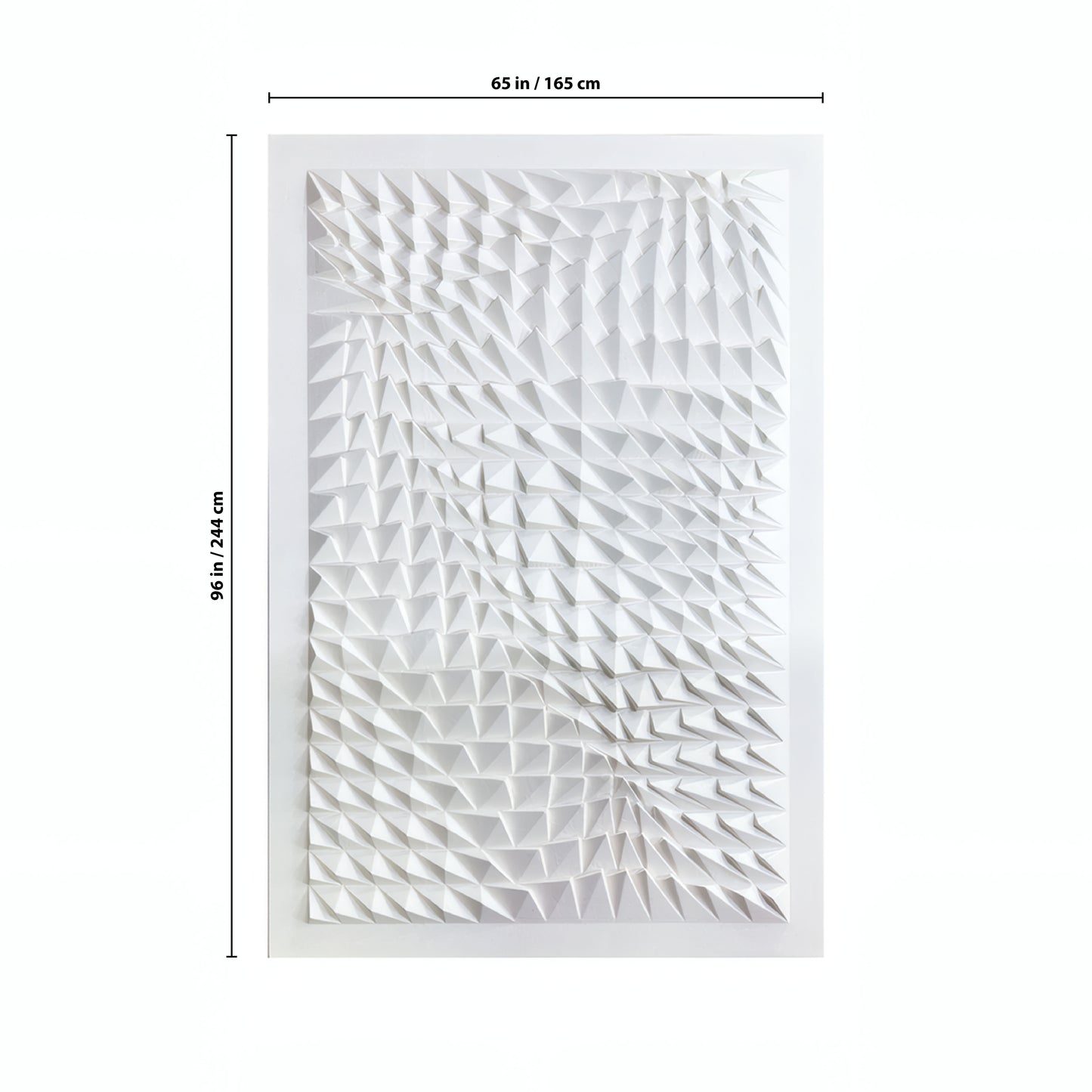 The Landmark Decor Vanta Wall Art is a rectangular white panel with a 3D geometric grid, perfect for modern interiors. Measures 65 x 96 inches (165 x 244 cm).