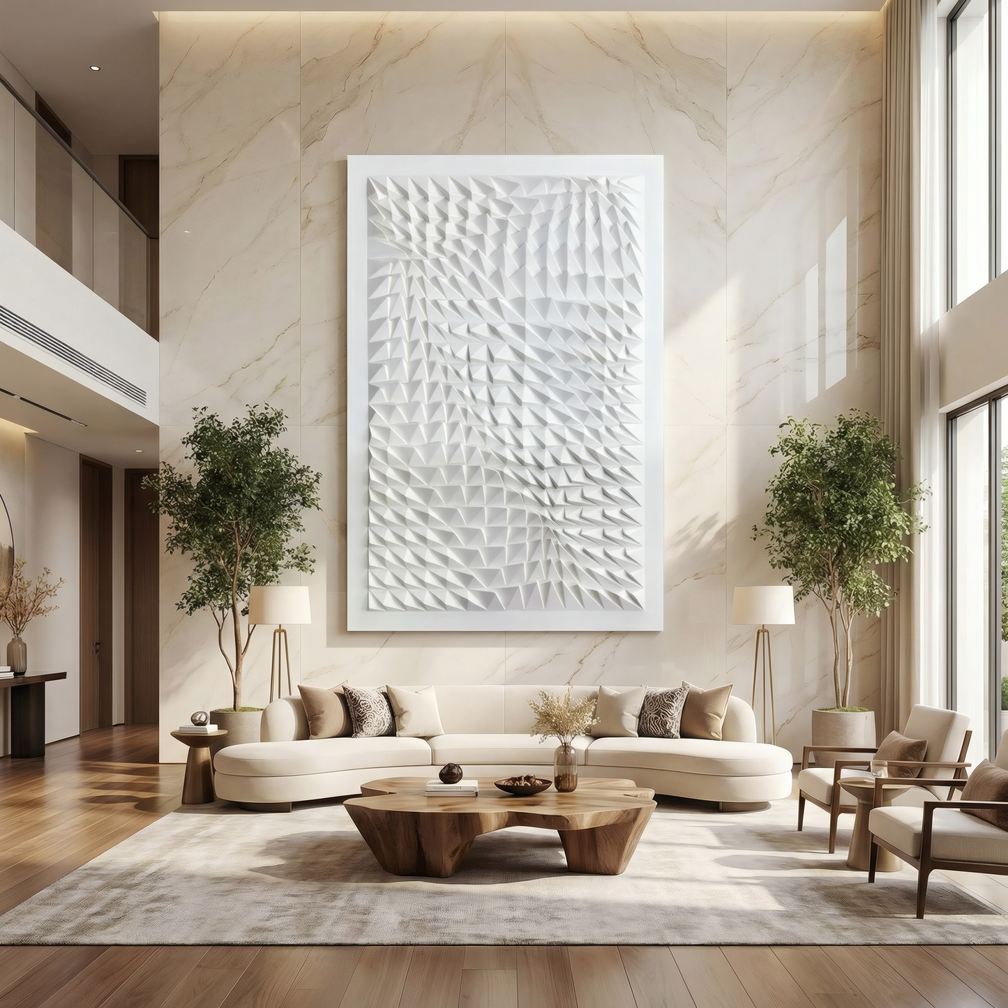 A spacious living room with tall ceilings, modern beige furniture, wooden accents, and indoor plants features the Vanta Wall Art by Landmark Decor—a geometric white panel on a marble wall that enhances the modern decor.
