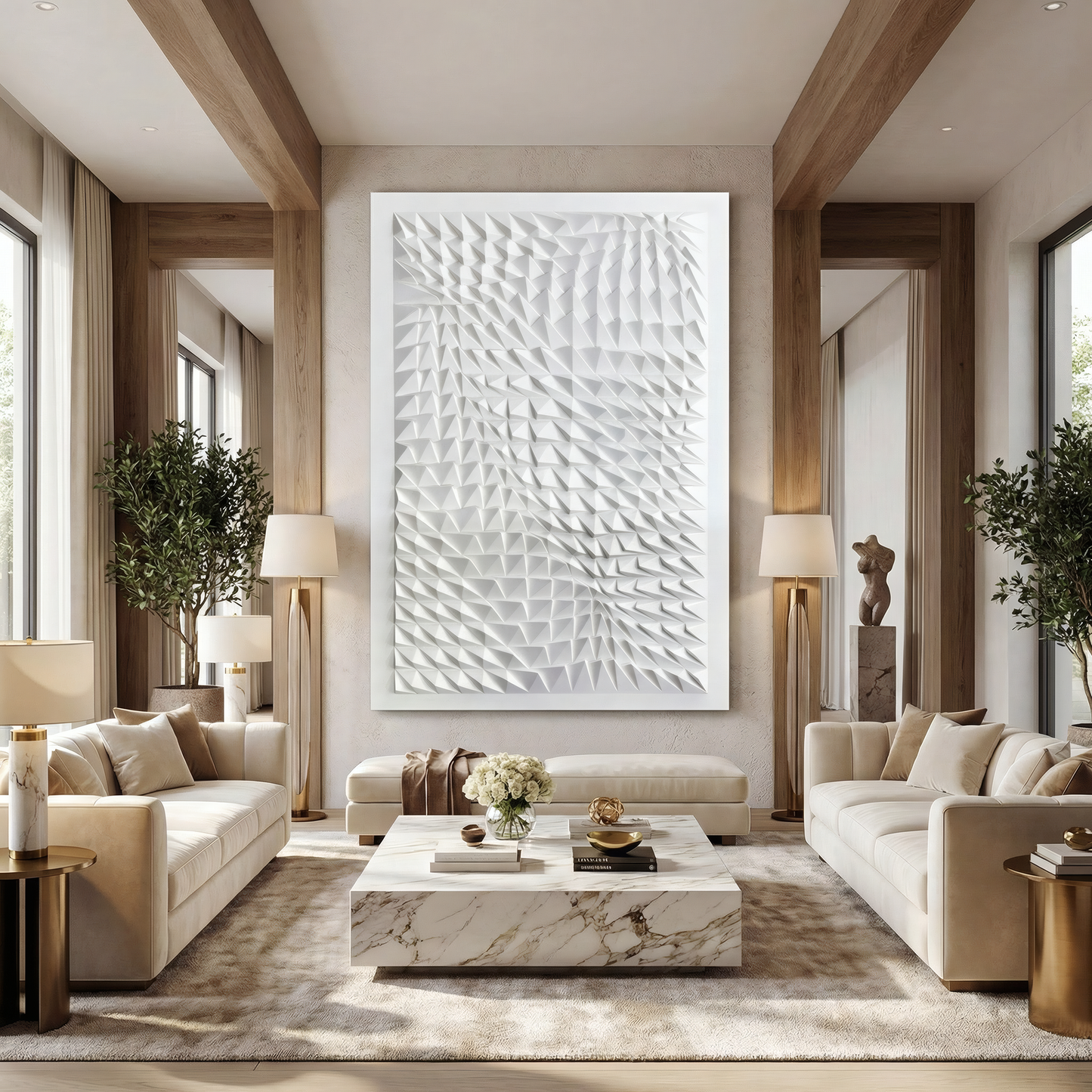 Modern living room with cream sofas, marble coffee table, tall windows, and the Landmark Decor Vanta Wall Art as striking geometric decor. A decorative panel adds extra flair to the interior space.