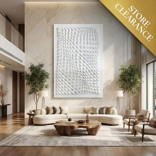 Modern living room with sleek furnishings, green plants, and the Vanta Wall Art by Landmark Decor as a striking white abstract centerpiece; a "STORE CLEARANCE" banner appears in the top right corner.