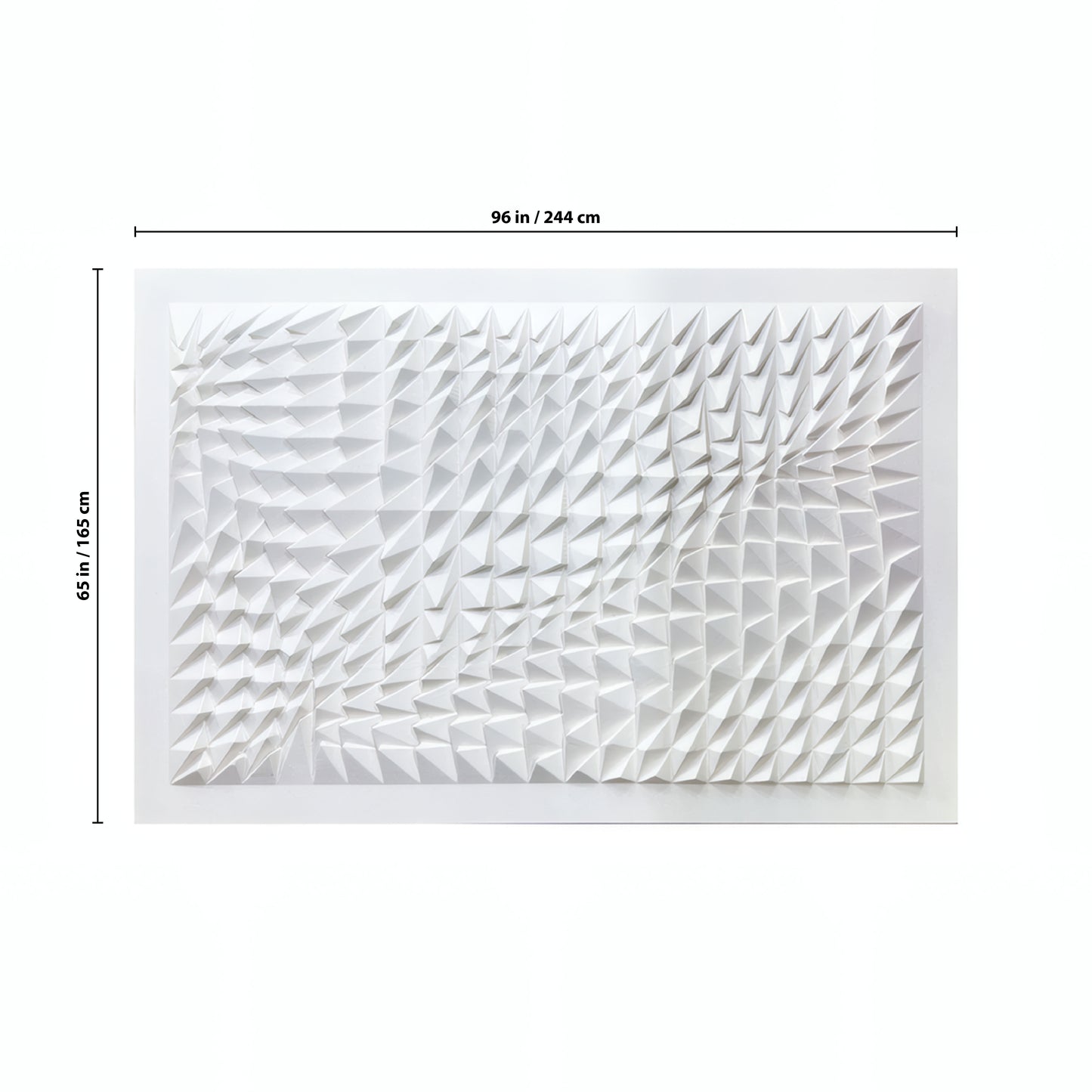 The Vanta Wall Art by Landmark Decor features a white rectangular design with repeating triangular patterns, perfect as a modern decorative panel. Dimensions: 96 in (244 cm) wide x 65 in (165 cm) tall, shown above and beside the artwork.