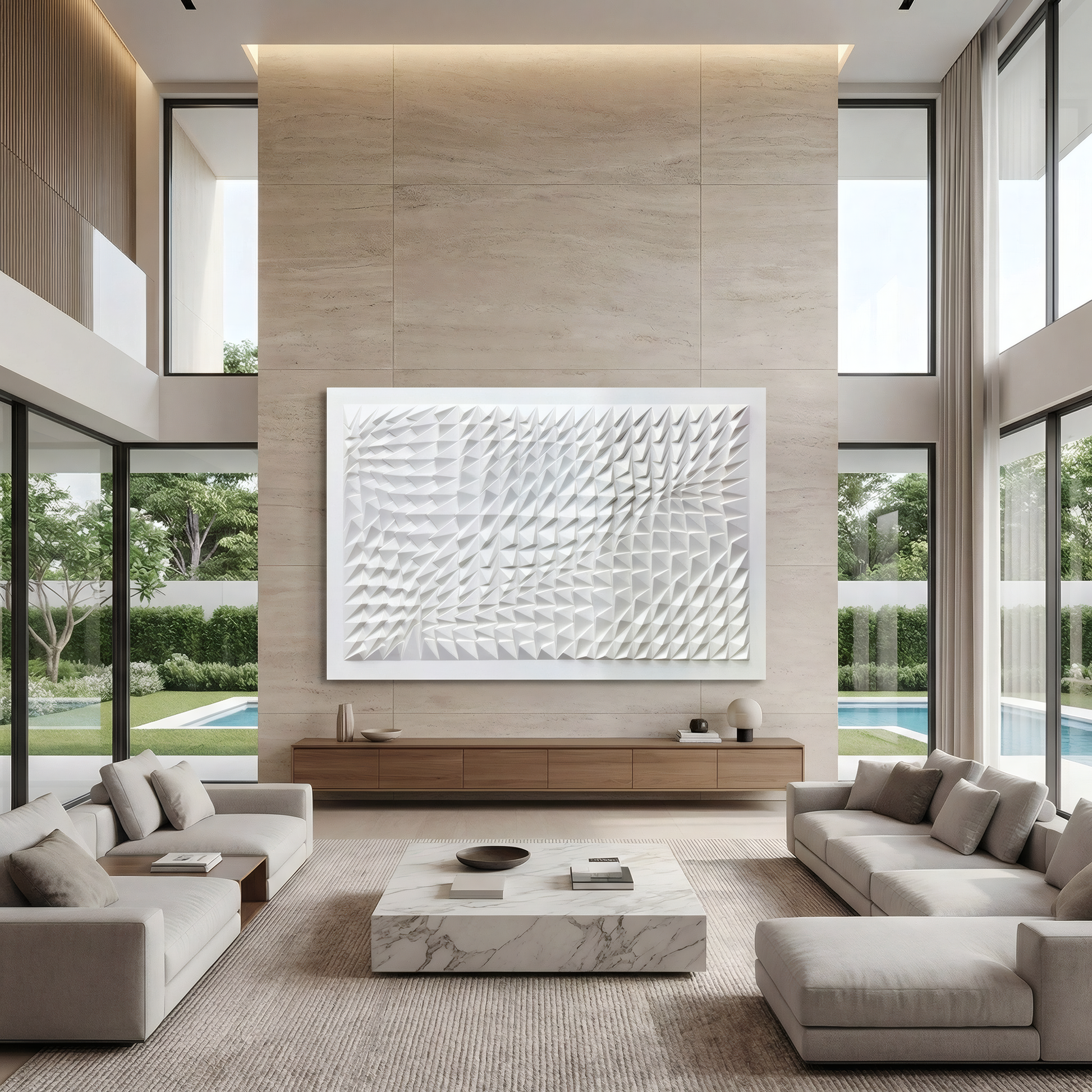 A modern living room with large windows, neutral furniture, a marble coffee table, and the Landmark Decor Vanta Wall Art on a tall stone wall enhances the space with elegant, contemporary style.