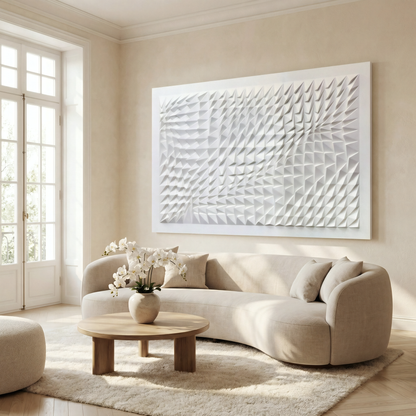 A beige modern living room features a curved sofa, round wooden coffee table, white orchid arrangement, and the Landmark Decor Vanta Wall Art—a large abstract geometric panel. Tall windows fill the stylish space with natural light.