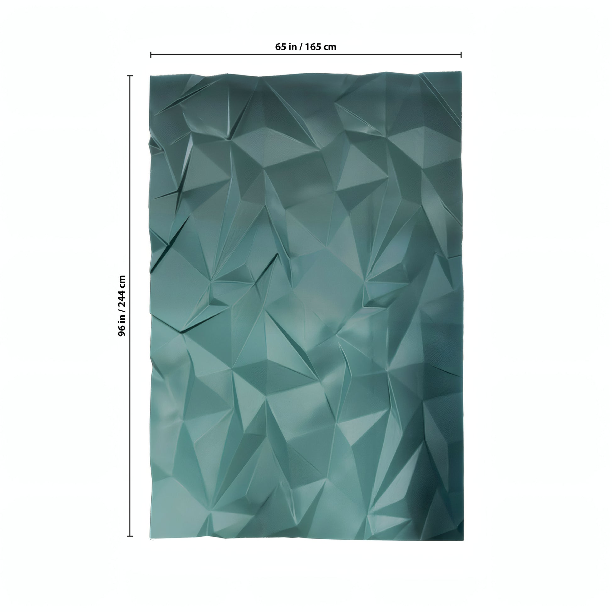 The Solace Wall Art by Landmark Decor is a rectangular teal panel with a geometric pattern, measuring 65" x 96" (dimensions labeled on top and side). Perfect for adding luxury and modern style to any space.
