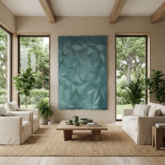 A modern living room features two beige armchairs, a wooden coffee table, green plants, and the Landmark Decor Solace Wall Art—a geometric teal piece—mounted between tall windows for a stylish touch.