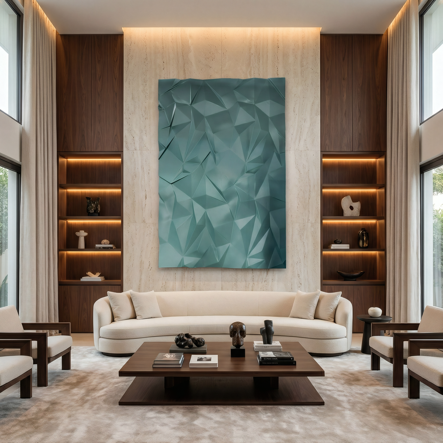 Modern living room featuring a curved beige sofa, wooden coffee table, built-in shelves, and the Solace Wall Art by Landmark Decor in teal above a stone accent wall, creating a stylish modern decor statement.