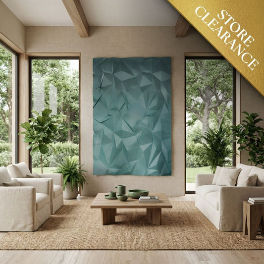 Modern living room with neutral furniture, green accents, and floor-to-ceiling windows. Features the Solace Wall Art by Landmark Decor as a large geometric decorative panel. Gold Store Clearance ribbon overlay in the top right corner.