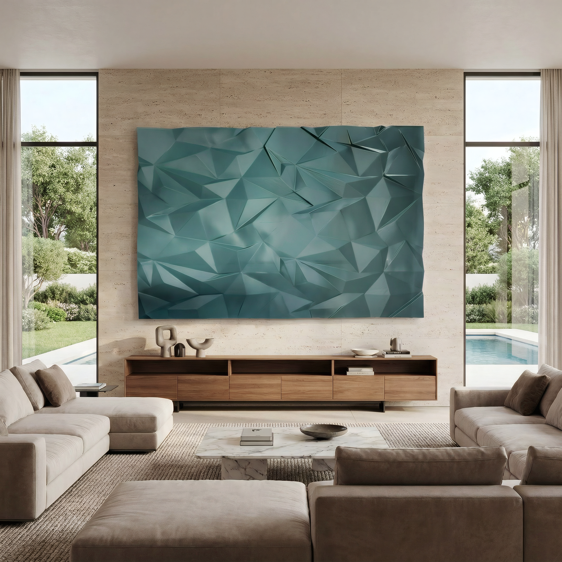 Contemporary living room with beige sofas, modern decor, a large Solace Wall Art by Landmark Decor, wooden console, and floor-to-ceiling windows overlooking a pool and garden.