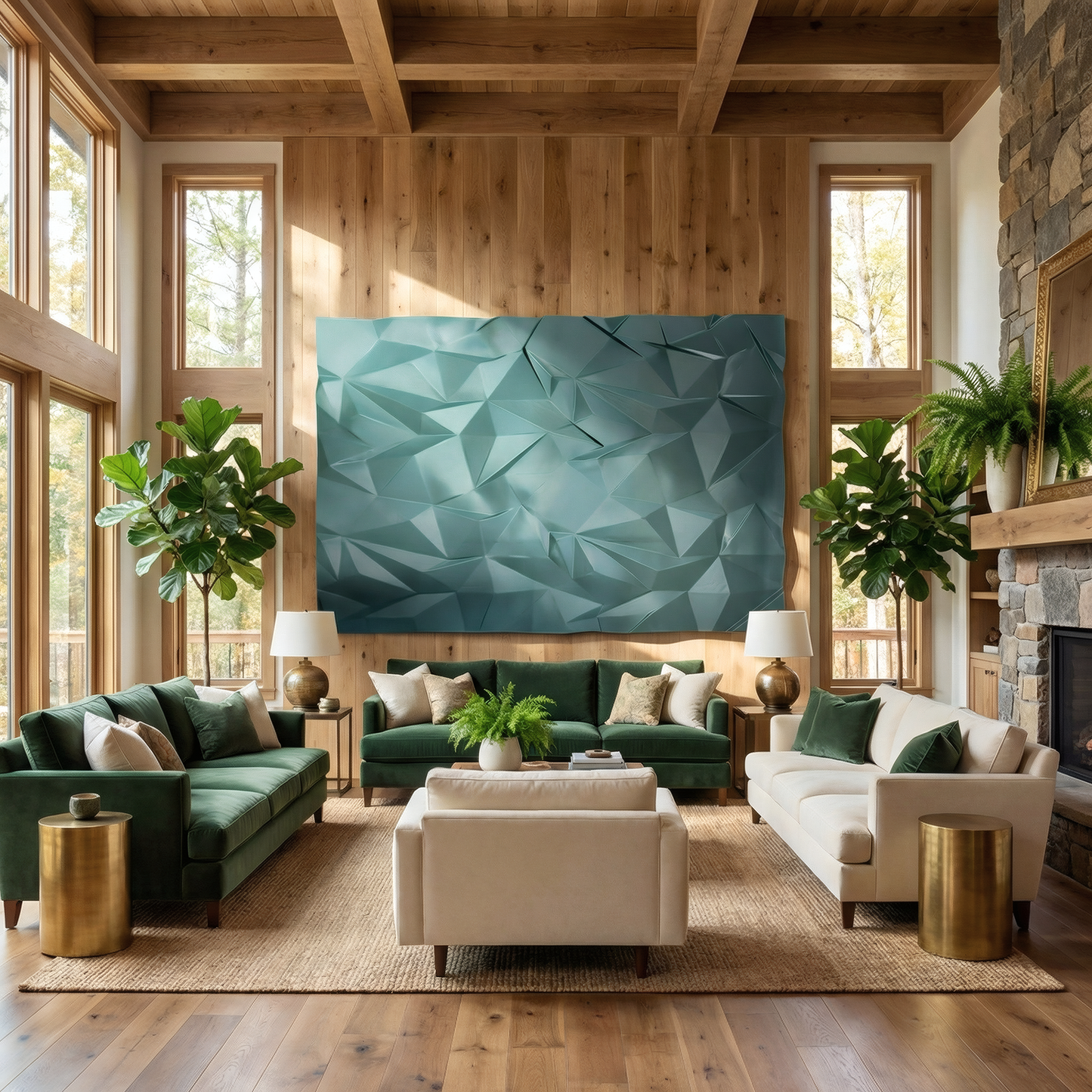 A modern living room featuring green and white sofas, wooden walls, tall windows, lush indoor plants, a stone fireplace, and the Solace Wall Art by Landmark Decor adds a bold geometric blue accent to the contemporary décor.