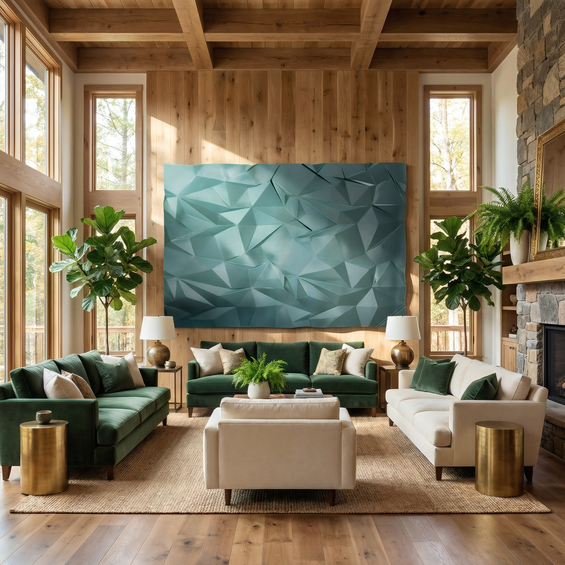 A modern living room featuring green and white sofas, wooden walls, tall windows, lush indoor plants, a stone fireplace, and the Solace Wall Art by Landmark Decor adds a bold geometric blue accent to the contemporary décor.