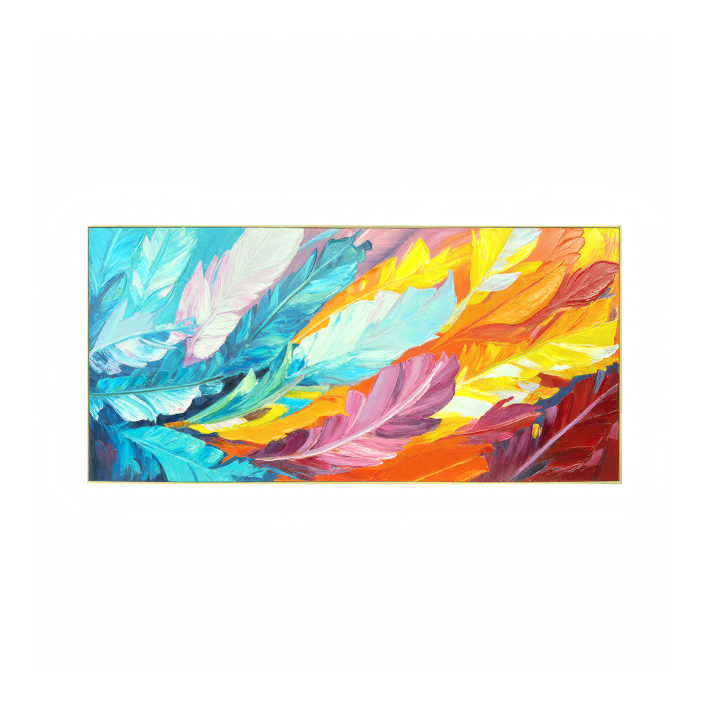 The Orbit Wall Art by Landmark Decor showcases overlapping blue, pink, yellow, orange, and red feathers on white—an eye-catching decorative panel ideal for enhancing modern interiors.