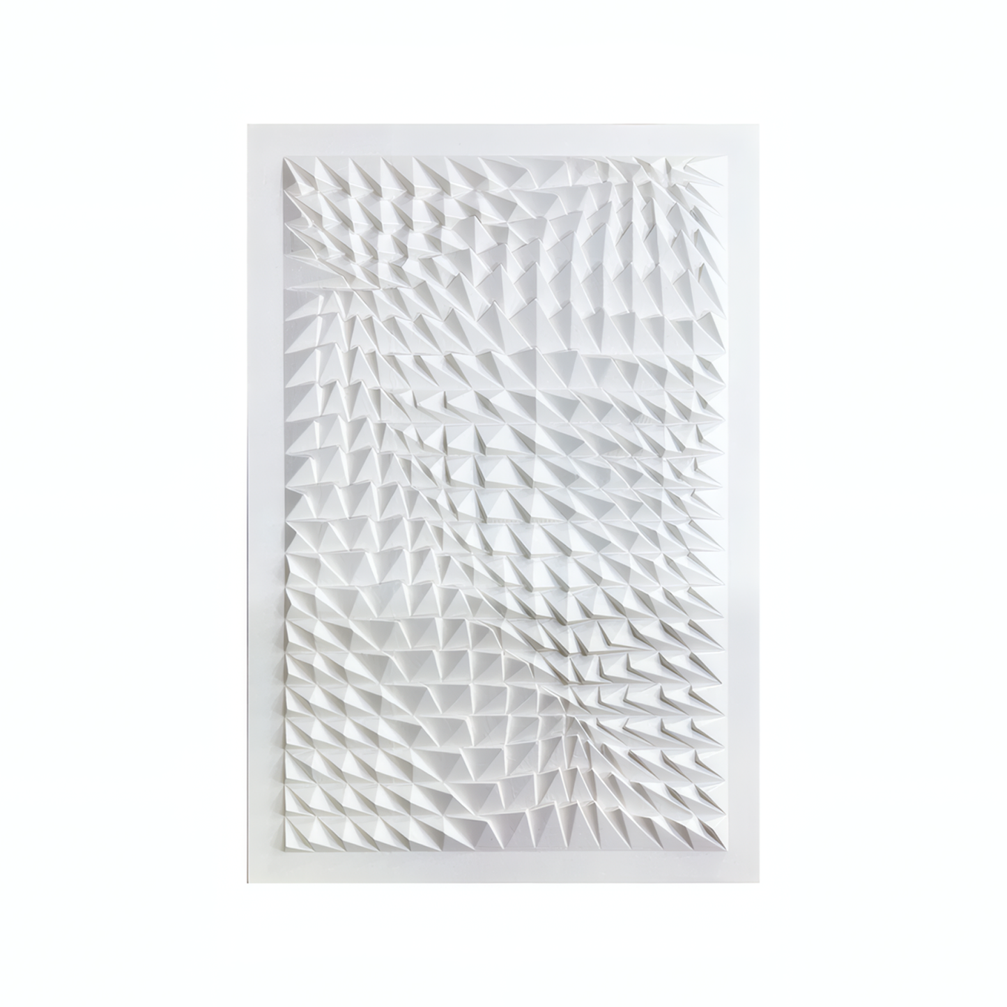 The Vanta Wall Art by Landmark Decor is a white rectangular panel with a 3D triangular geometric pattern, perfect for adding modern style to any interior space.