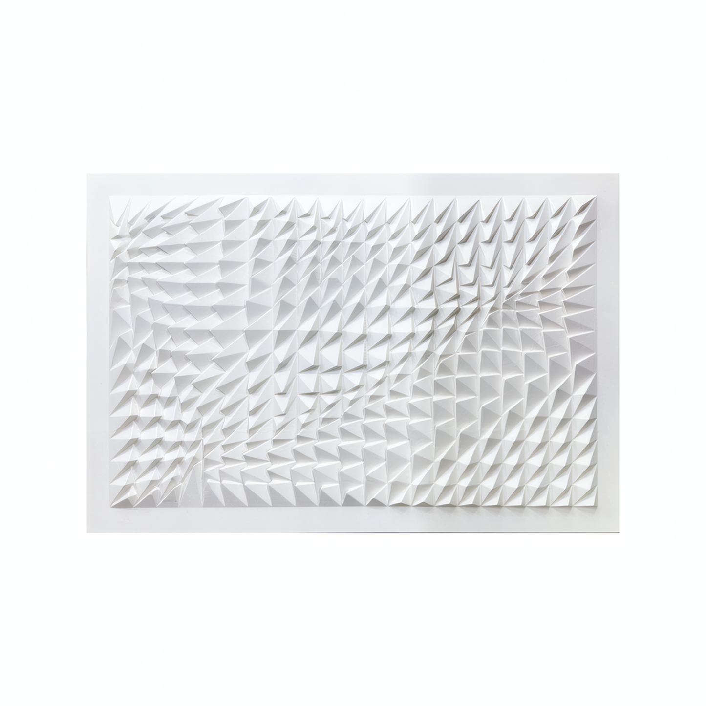 The Vanta Wall Art by Landmark Decor is a white rectangular panel with 3D pyramid shapes in a geometric grid, perfect for adding modern style to your interior spaces.