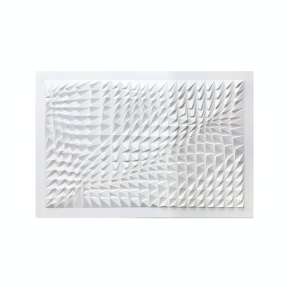 The Vanta Wall Art by Landmark Decor is a white rectangular panel with 3D pyramid shapes in a geometric grid, perfect for adding modern style to your interior spaces.