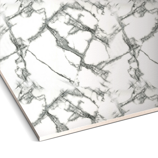 Close-up of a Silver Frost Marble Durable PVC Wall by Landmark Decor, showing a white surface with gray and black marble pattern—perfect for use as stylish decorative or PVC marble wall panels.