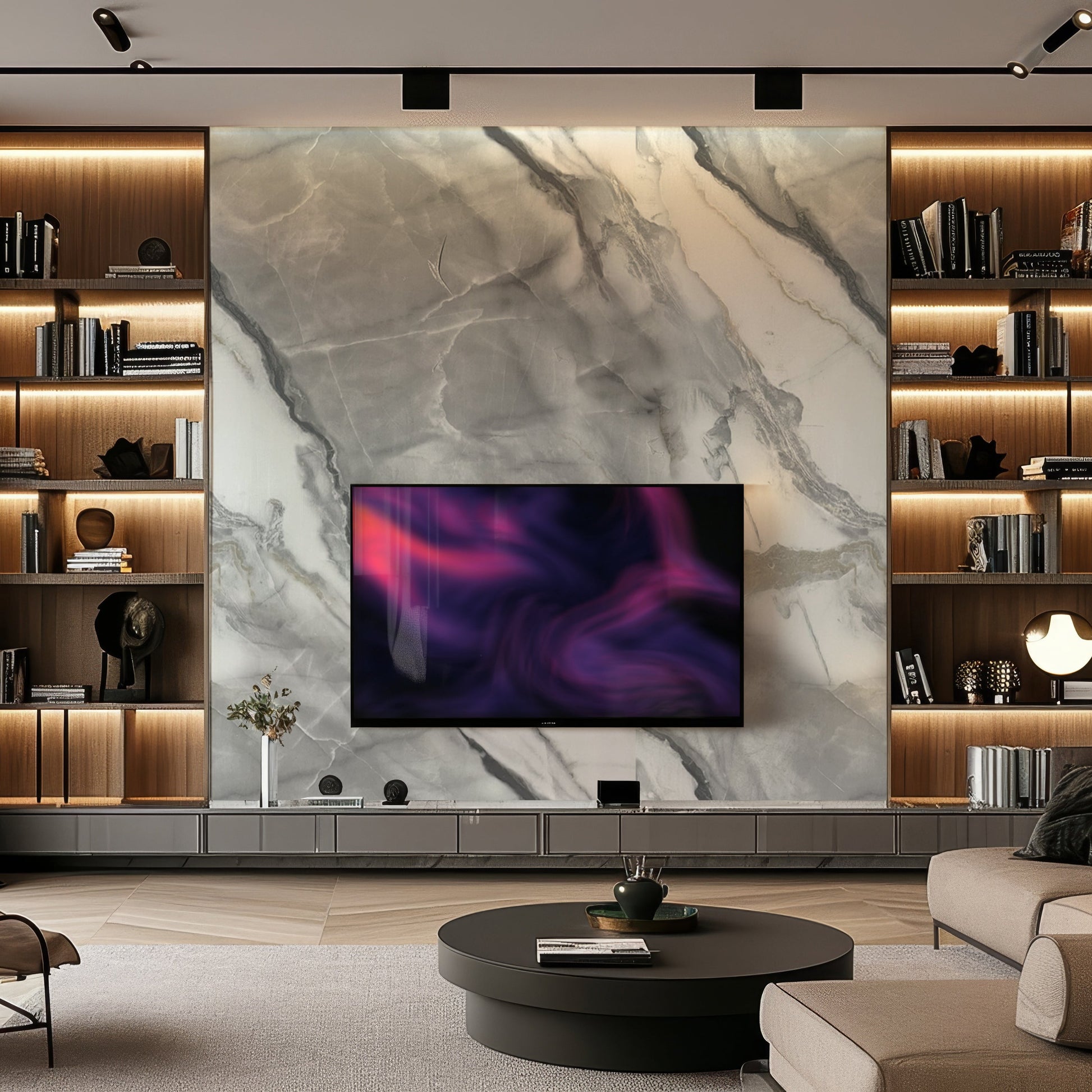Modern living room featuring Landmark Decor's Obsidian Vein Marble Durable PVC Wall as a striking accent, mounted TV with abstract art, built-in wood shelves with decor, and a round coffee table in front.