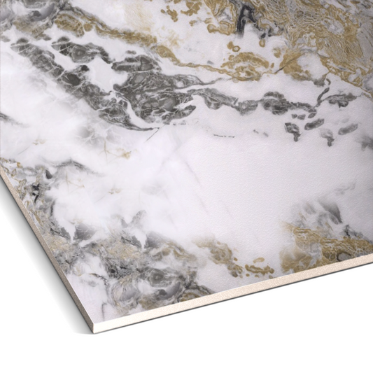 A close-up of Landmark Decor's Golden Elegance Marble Durable PVC Wall showcases its polished marble look with white, gray, and gold veining, highlighting the detailed edge and surface texture.
