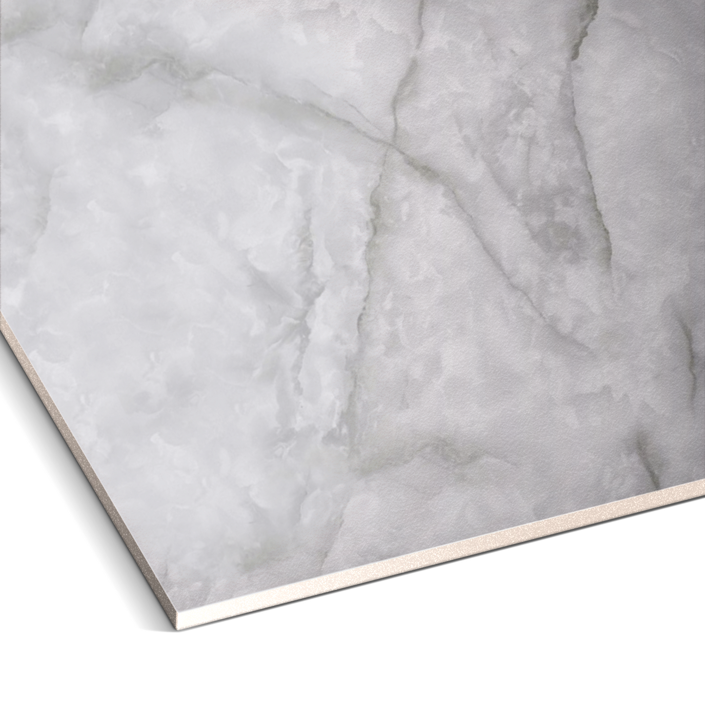 Close-up of Landmark Decor's Misty Stone Marble Durable PVC Wall reveals light gray and white veining, showcasing its realistic texture and thickness—perfect inspiration for stylish interior wall panel designs.