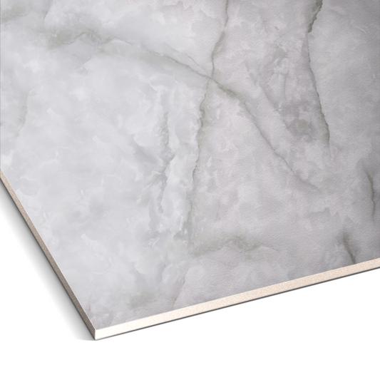 Close-up of Landmark Decor's Misty Stone Marble Durable PVC Wall reveals light gray and white veining, showcasing its realistic texture and thickness—perfect inspiration for stylish interior wall panel designs.
