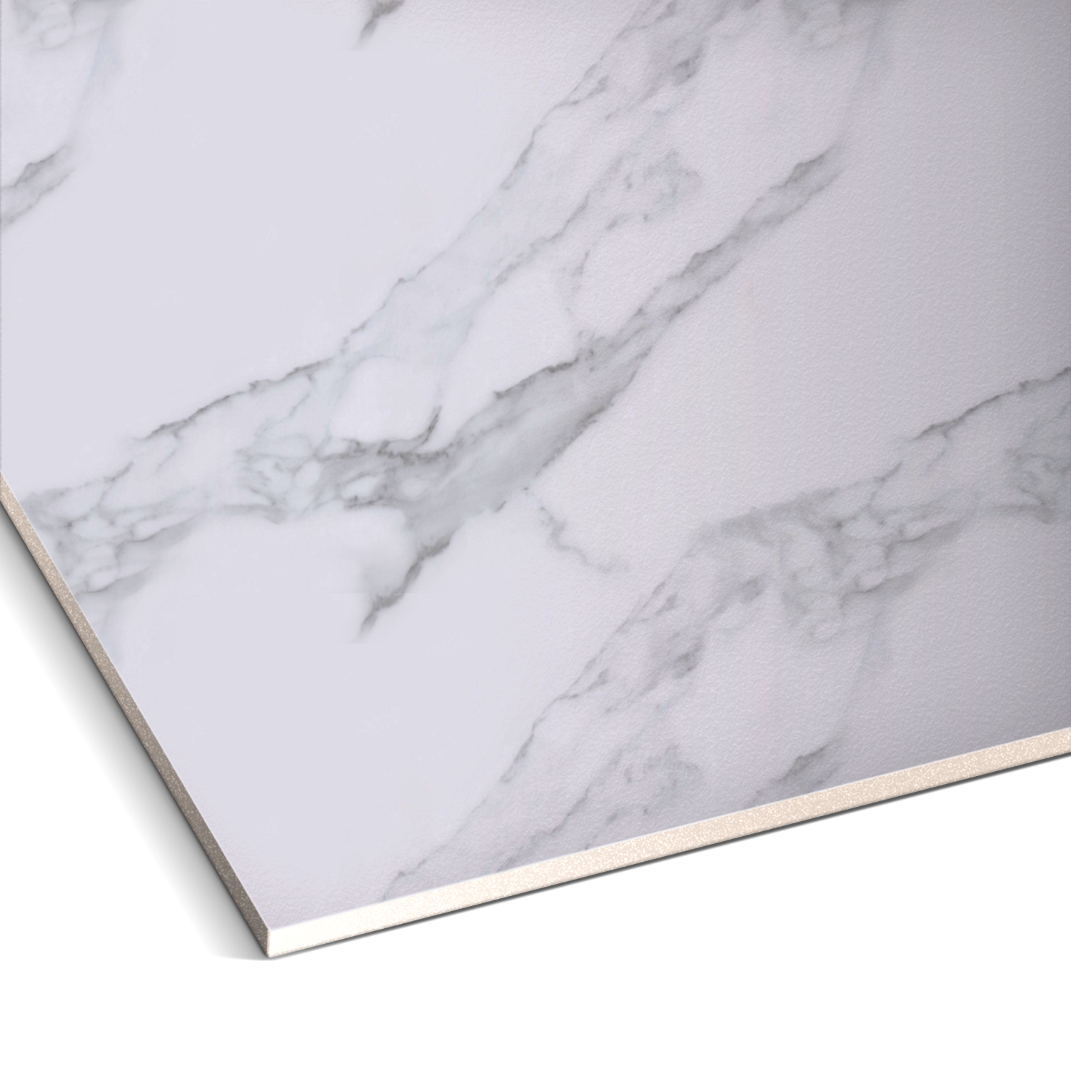 A close-up of Landmark Decor's Pearl Mist Marble Durable PVC Wall panel, featuring white and gray veining on a rectangular tile, displayed with one corner visible against a white background.
