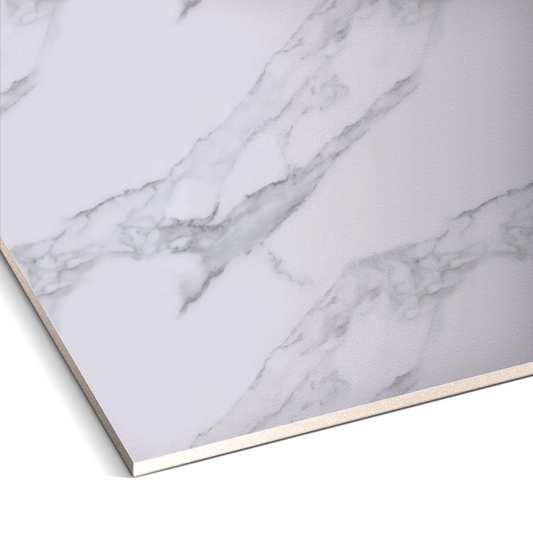A close-up of Landmark Decor's Pearl Mist Marble Durable PVC Wall panel, featuring white and gray veining on a rectangular tile, displayed with one corner visible against a white background.