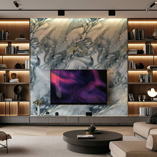 A modern living room highlights a Misty River Marble Durable PVC Wall accent by Landmark Decor, exuding luxury with a large TV centerpiece. Built-in wooden shelves filled with books and decor complement the design. A round coffee table and cream sofa complete this stylish setup.