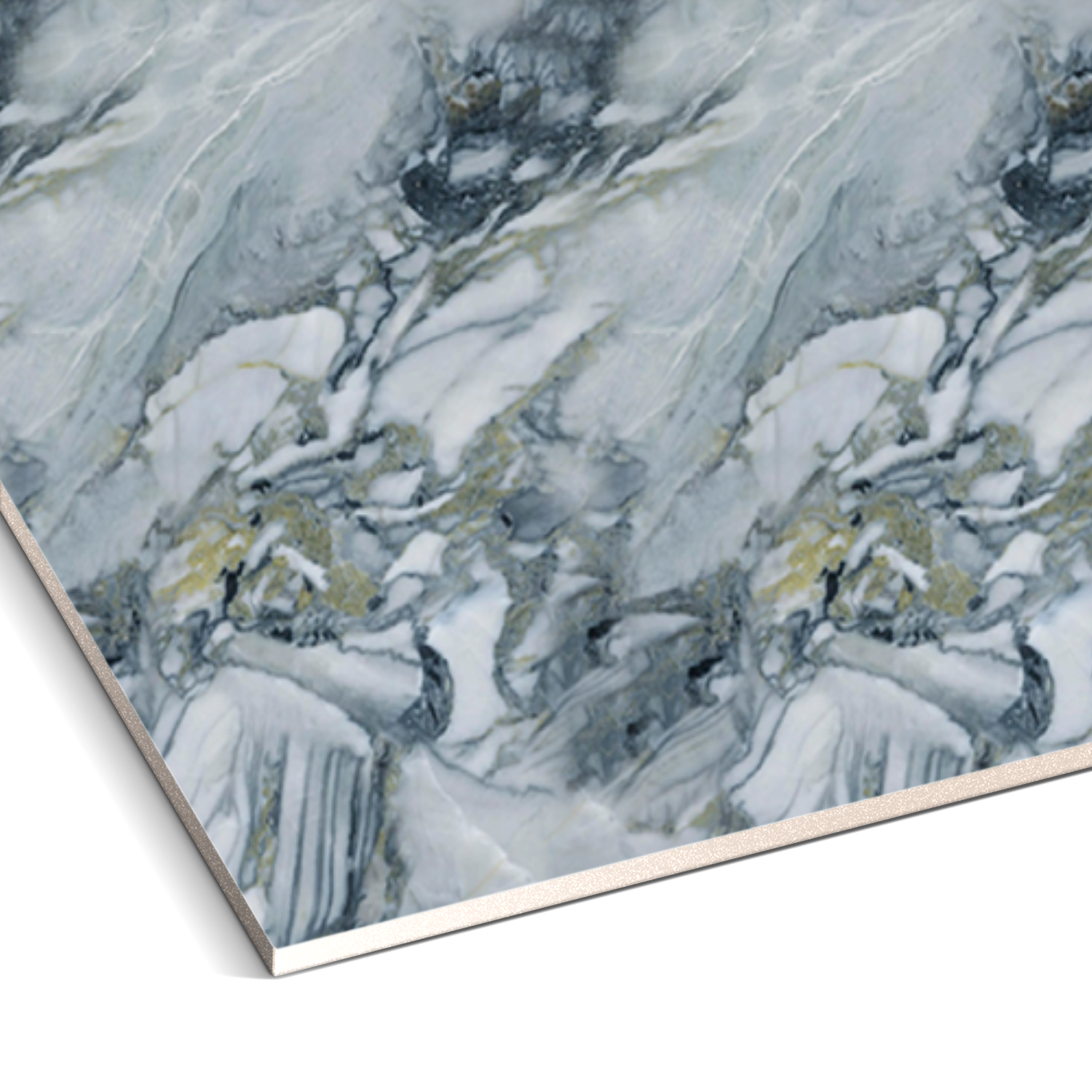 Close-up of a marble-patterned surface with swirling gray, white, and hints of gold, creating a luxurious aesthetic reminiscent of Landmark Decors Misty River Marble Durable PVC Wall panels.