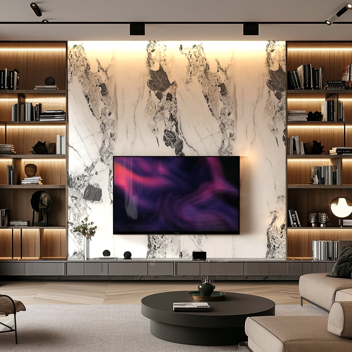 Modern living room with built-in bookshelves, a flat-screen TV above a low media console, and a marble accent wall finished in Landmark Decor's Crystal Cliff Marble Durable PVC Wall panels; a round coffee table sits in front.