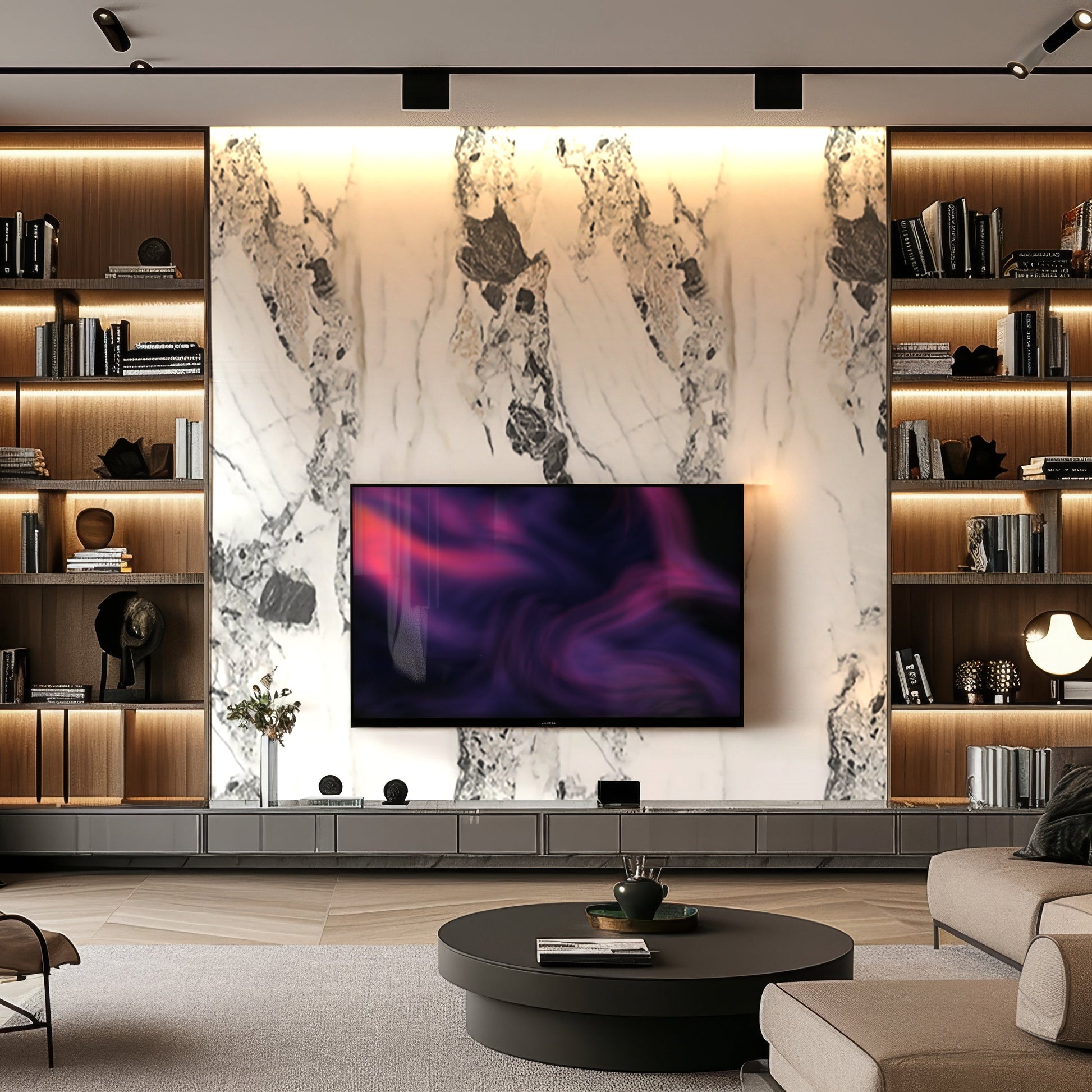 Modern living room with built-in bookshelves, a flat-screen TV above a low media console, and a marble accent wall finished in Landmark Decor's Crystal Cliff Marble Durable PVC Wall panels; a round coffee table sits in front.