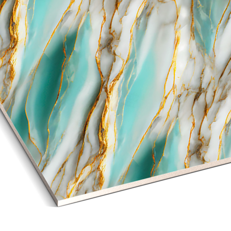 Aqua Flame marble durable PVC wall panel with wavy turquoise and gold pattern