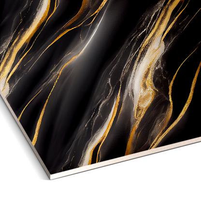 A close-up of the Landmark Decor Galaxy Flow Marble Durable PVC Wall displays a black, gold, and white marbled pattern—perfect for decorative or stylish wall panels in modern interiors.