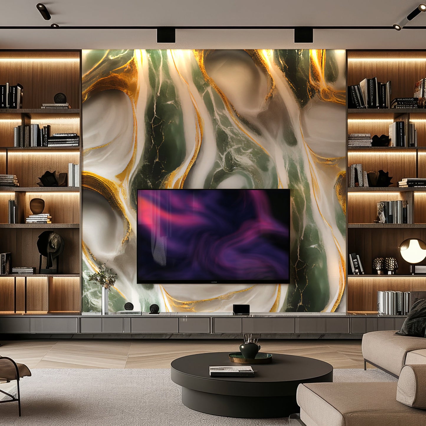 Modern living room featuring built-in shelves, a large TV on Landmark Decor’s Jade Eclipse Marble Durable PVC Wall panels, and decorative lighting that highlights the elegant marble-patterned accent wall.