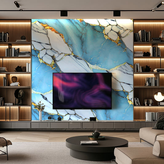 A modern living room features a large TV mounted on Landmark Decors Royal Azure Marble Durable PVC Wall, showcasing striking blue and gold veins, with wooden shelves holding books and decor items, embodying exquisite interior design.