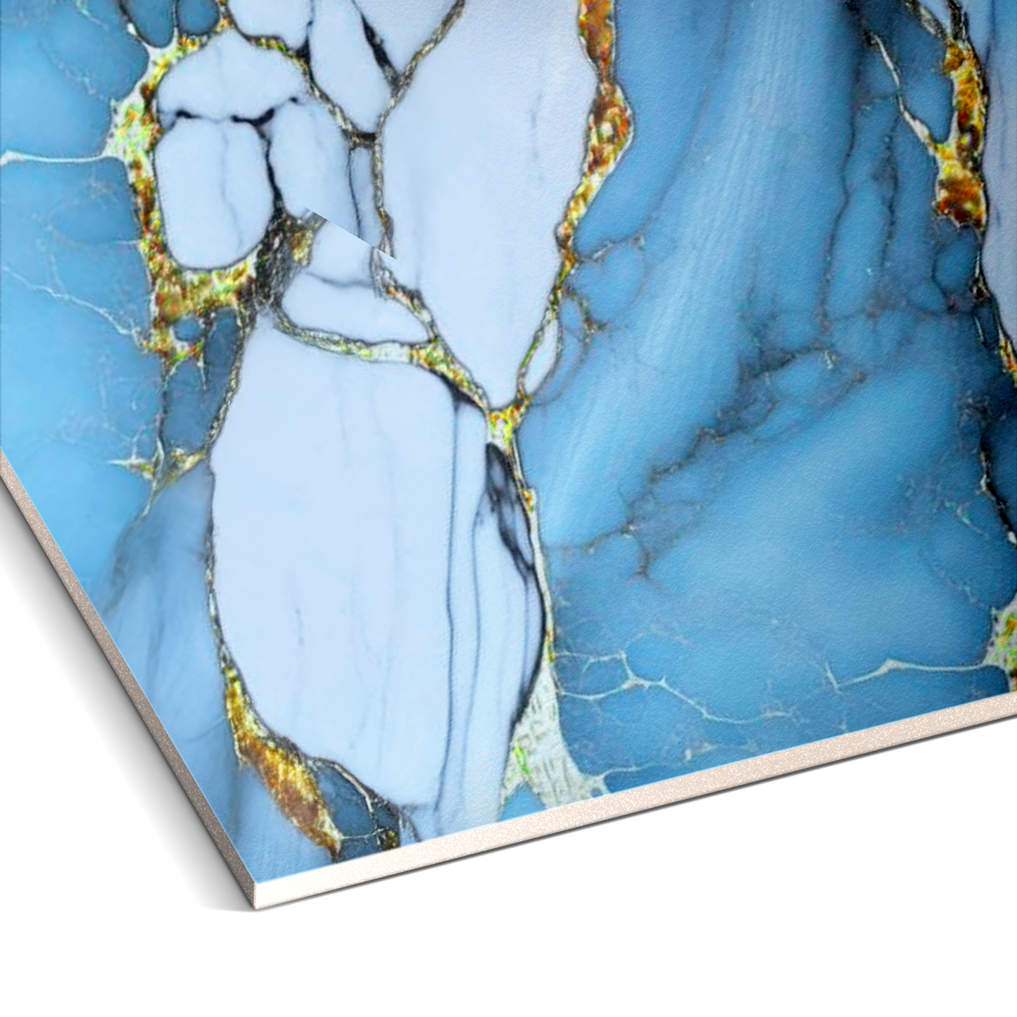 Close-up of the Royal Azure Marble Durable PVC Wall by Landmark Decor, showcasing intricate blue patterns with white and gold veining—ideal for adding elegance to decorative panel projects.
