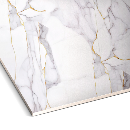 Close-up of Landmark Decor's White Silk Vein Marble Durable PVC Wall panel, a rectangular slab with white marble pattern, gray veining, and gold accents—ideal as decorative wall panels.
