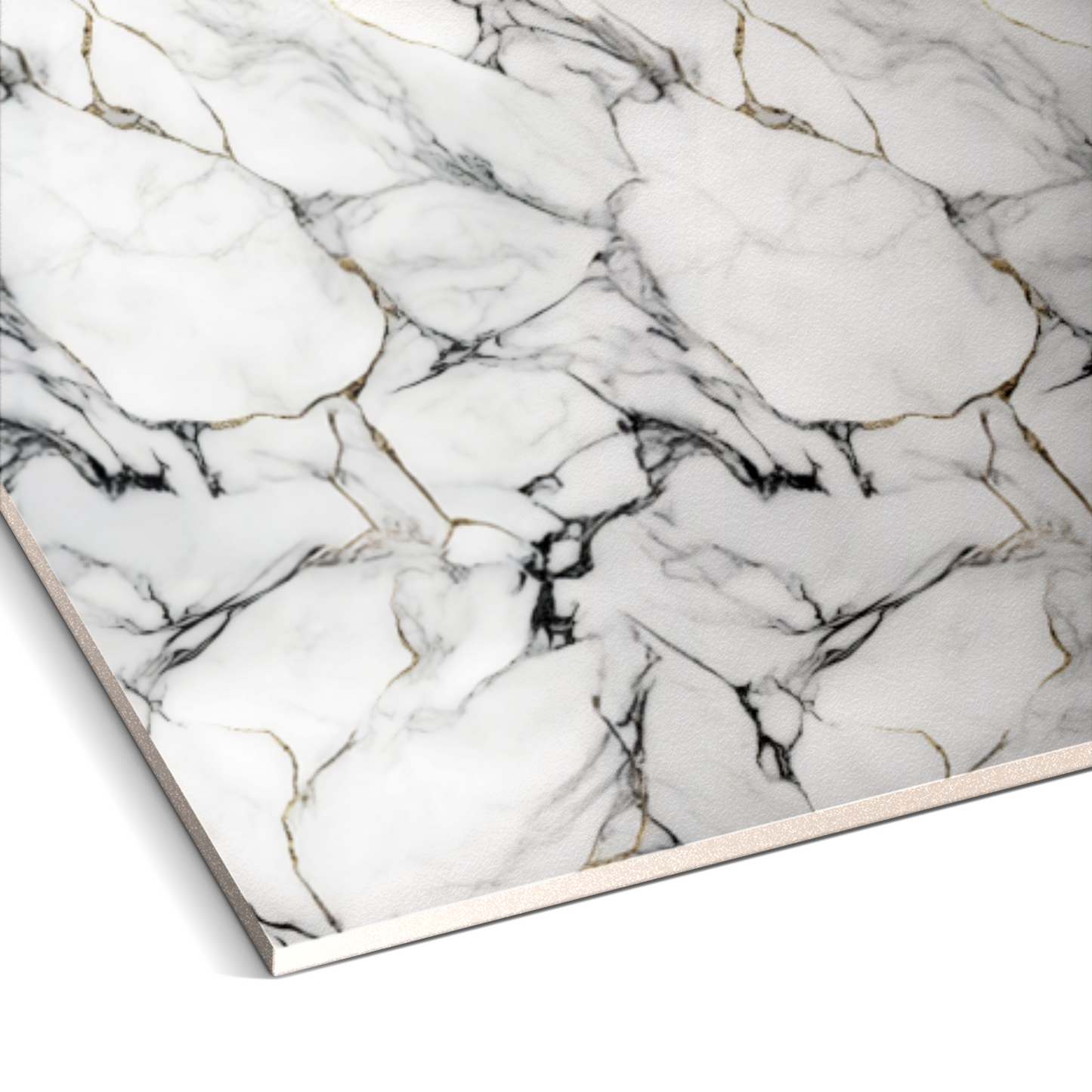 A close-up of the Onyx Snow Marble Durable PVC Wall slab from Landmark Decor showcases its luxurious white marble design with black and gold veining.