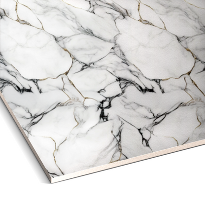A close-up of the Onyx Snow Marble Durable PVC Wall slab from Landmark Decor showcases its luxurious white marble design with black and gold veining.