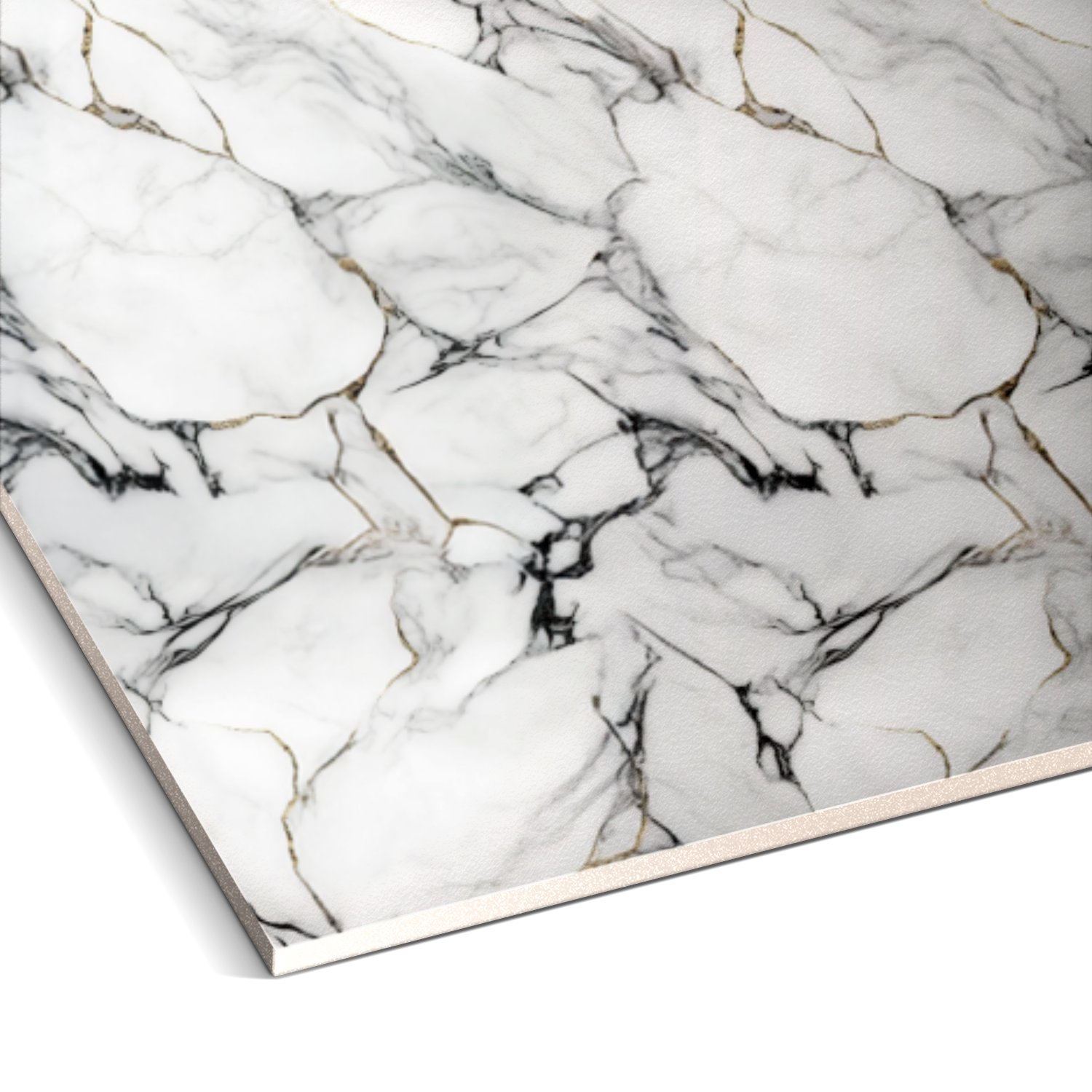 Close-up of the Onyx Snow Marble Durable PVC Wall by Landmark Decor—a rectangular slab with a white marble surface and gray-gold veining. Perfect for stylish wall panels or elegant marble cladding in modern interiors.