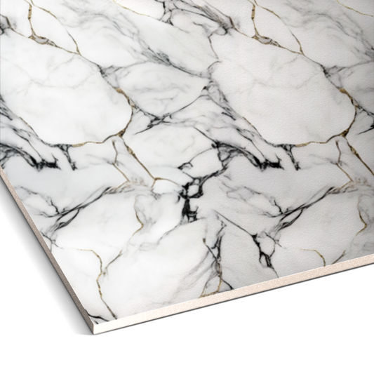 Close-up of the Onyx Snow Marble Durable PVC Wall by Landmark Decor—a rectangular slab with a white marble surface and gray-gold veining. Perfect for stylish wall panels or elegant marble cladding in modern interiors.
