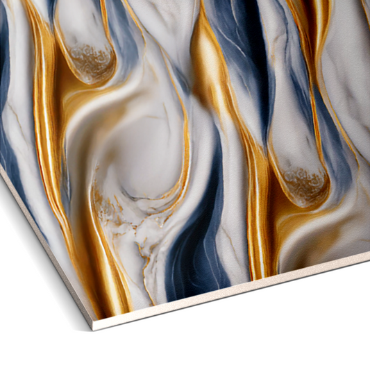 Close-up of Landmark Decor’s Royal Tide Marble Durable PVC Wall panel, featuring an abstract marbled pattern in gold, white, and navy blue with flowing lines—a stunning decorative wall accent.