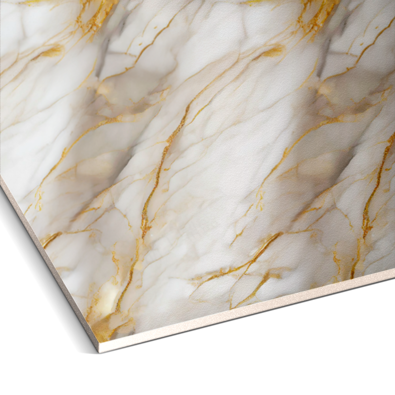 Close-up of Landmark Decors Golden Sandstone Marble Durable PVC Wall, showcasing a white base with gold veining and a glossy finish, perfect for luxurious interior design.